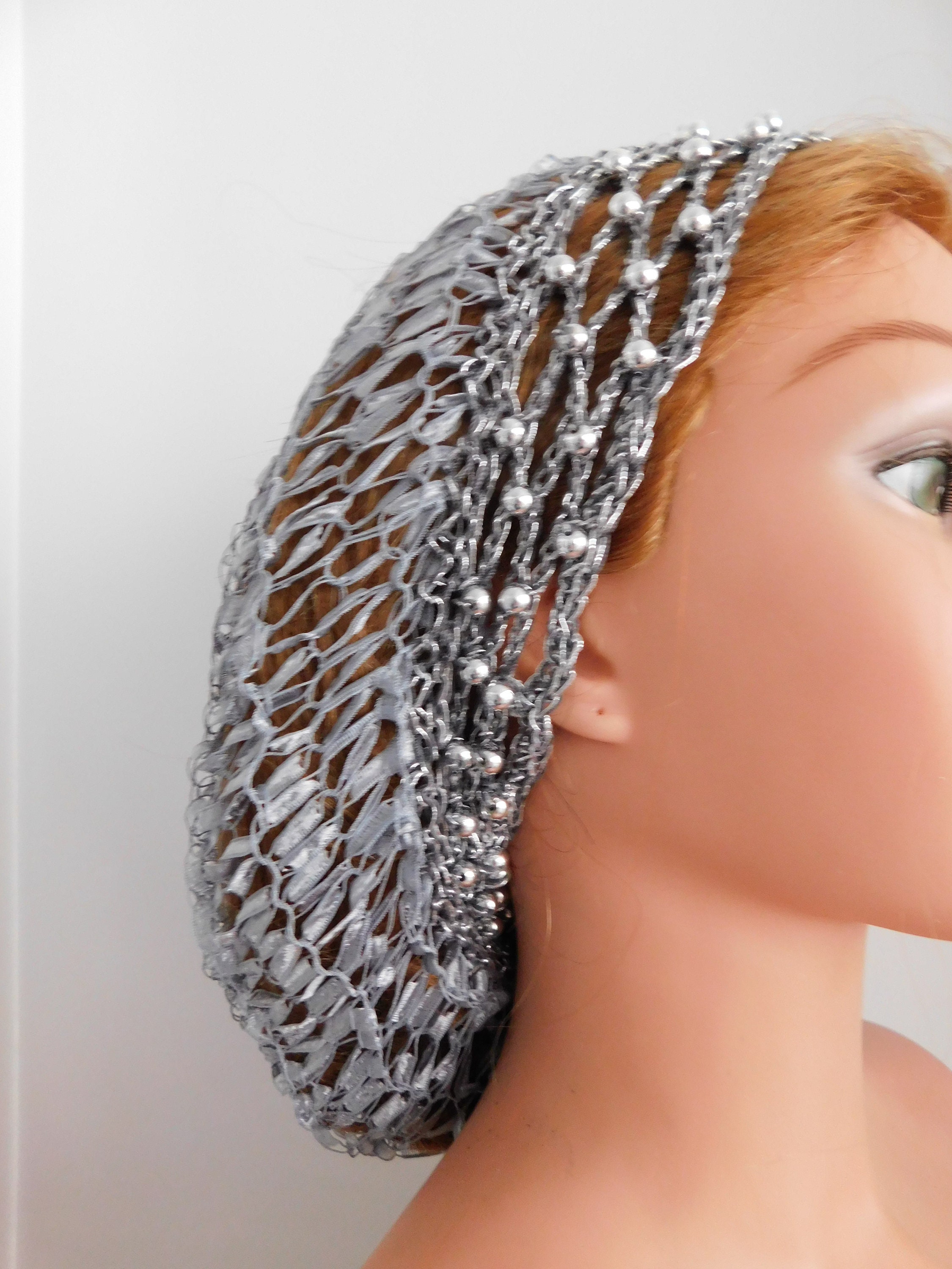 SALE! Silver Beaded Snood Hair Net Head Cover . Fits Most . Handmade Lace . Head Wrap . Exclusive Shop Pattern . OOAK USA