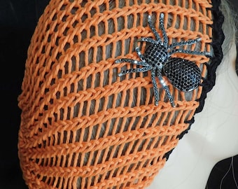 Halloween Snood Hair Net Cover | Large Sparkly Black Spider | Fits Most | Adjustable Elastic | 100% Cotton Handmade Net | Boho Retro | USA