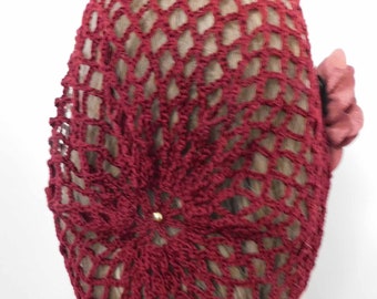 EXCLUSIVE Burgundy Hair Net Snood Head Covering . Fits Most . Adjustable Elastic . Gold Beads Hand Crocheted . Blossom Not Included.