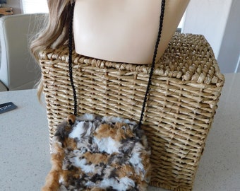 SALE!  Faux FUR Phone BAG . 6x8" 5x7" Bag Interior . Wood Bead . Neck Carrier . Animal Print . Fits Most Phones . Strong Strap .