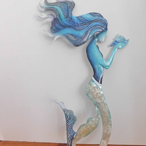 Coastal Wall Hanging  Metal MERMAID . Large . Capiz Shells . Beach Second Home . Office Bath Living  Kitchen  Free Craft Chat incl.