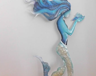 Coastal Wall Hanging  Metal MERMAID . Large . Capiz Shells . Beach Second Home . Office Bath Living  Kitchen  Free Craft Chat incl.