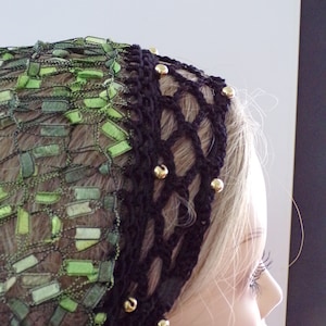 Beaded multiple Greens Snood Hair Net Head Covering . Fits Most . Gold Beads .  Handmade . STUNNING Specialty  Exclusive Shop Pattern USA