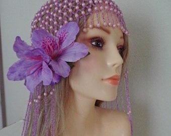 1920's Fully Beaded Fringe Tassel Hair Wear . Gatsby . Art Deco .  Fits Most .  Removable Clip . Lavender/Pink Faux Pearls . Beaded Snood