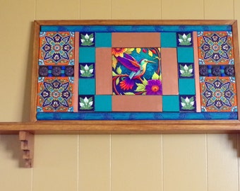 HUMMINGBIRD Picture Art Tile Mural . Ready to Hang . Kitchen Bathroom Backsplash ? Handmade Tiles . Mantel Backplate ?  OOAK Exclusive USA