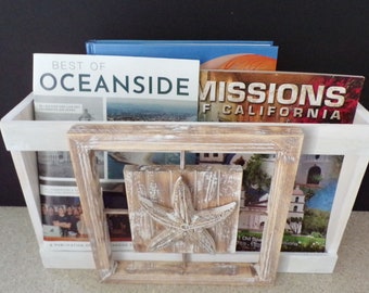 Shop EXCLUSIVE Large Coastal Hardwood Wall Magazine Rack .  Holder . Carved Starfish . Whitewashed . USA Handmade