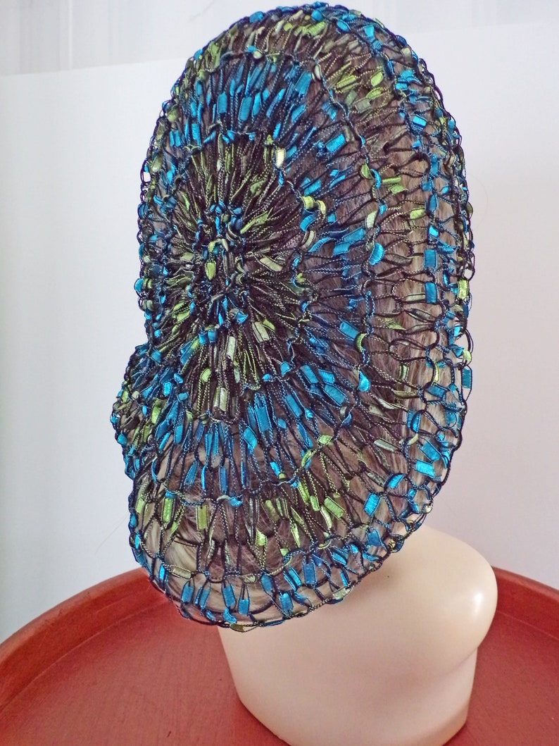 EXCLUSIVE Ladder Yarn Shiny Blues/Greens Fits Most . Lacy Fitted Snood Hair Head Net Covering . Layering . Fun and Unique . Made USA . image 6