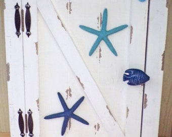 Starfish Coastal Wood Wall Cabinet . Bathroom Kitchen Medicine Storage  Exclusive . Ceramic Fish . Vintage Style . 12.75"W x 16"H x 5"D