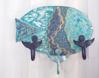 Coastal Beach Large Hand Painted WOOD Fish . 3 Large whale HOOKS .  Gift.  New House