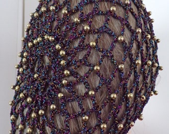 BEADED Snood Hair Net Head Covering | Fits Most | Neutral Multi Color Metallic Threads  Unique | Accent | Handmade Exclusive USA