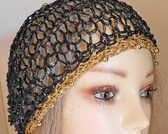 Sparkly Beaded Beanie Kippah ++ Multi Color Sequins | Extra Length | Gold Beaded Headband | Handmade Lace | Triple Stranded | Made USA