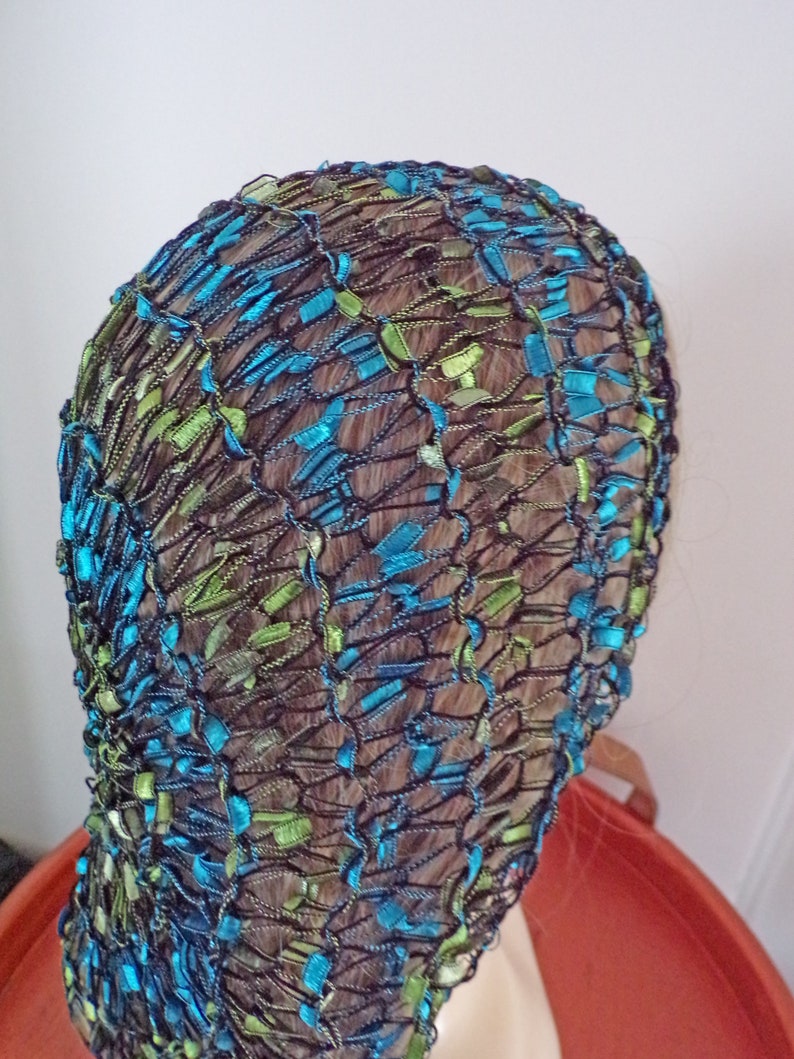EXCLUSIVE Ladder Yarn Shiny Blues/Greens Fits Most . Lacy Fitted Snood Hair Head Net Covering . Layering . Fun and Unique . Made USA . image 5