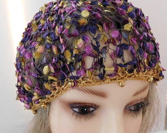 Sparkly Gold Beaded Beanie +Skull Cap . Fits Most . Handmade Lace Purple Magenta Yellow + Gold Metallic Sequins  Exclusive  USA