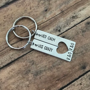 Custom Handstamped Keychain, Matching Couples Keychain Set, Her Calm His Crazy, Anniversary Gift, Valentine's Day Gift, Wedding Gift Idea image 2