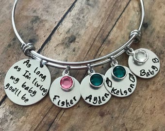 Custom Handstamped Mother's Bracelet, Personalized Charm Bracelet with Names and Birthstones, As Long as I'm Living My Baby You'll Be