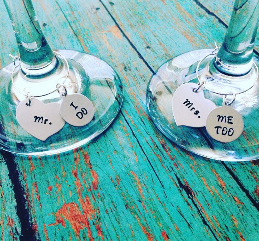Custom Handstamped Wine Glass Charms, Bride and Groom Drink Tags, Bridal Set, Mr and Mrs, I Do