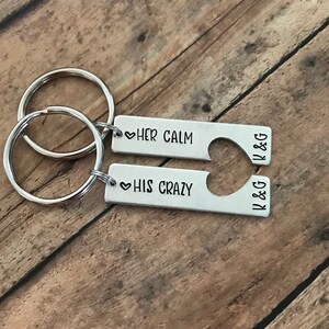 Custom Handstamped Keychain, Matching Couples Keychain Set, Her Calm His Crazy, Anniversary Gift, Valentine's Day Gift, Wedding Gift Idea image 3