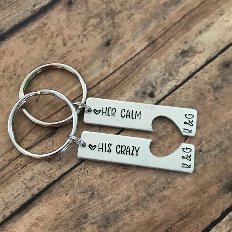 Custom Handstamped Keychain, Matching Couples Keychain Set, Her Calm His Crazy, Anniversary Gift, Valentine's Day Gift, Wedding Gift Idea image 1