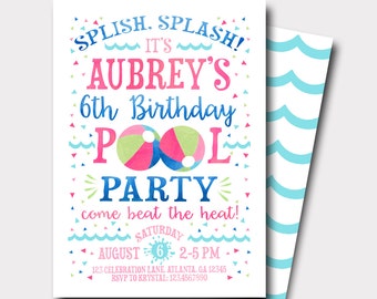 Pool Party Birthday Invitation | Summer Birthday Invitation | Swimming Birthday Invitation | Beach Ball Invitation | Splish Splash