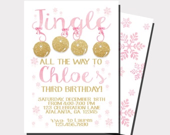 Winter Birthday Invitation | Snowflake Birthday Invitation | Christmas Birthday Invitation | Pink and Gold Invitation | First Birthday