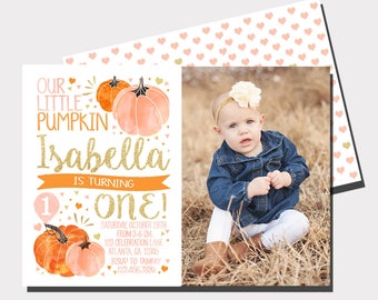 Our Little Pumpkin Birthday Invitation | Pumpkin Birthday Invitation | Fall Birthday Invitation |  First Birthday | Pink nd Gold Invitation