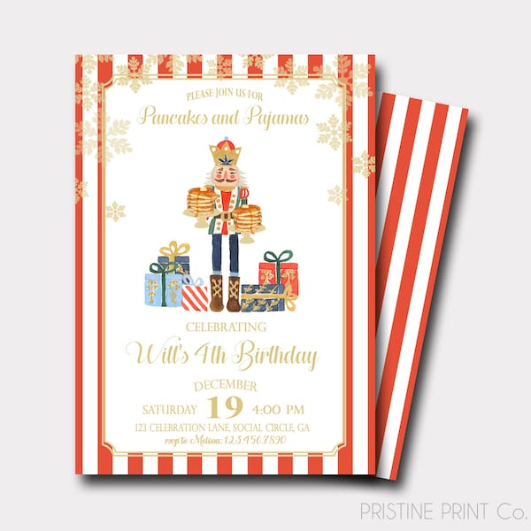 Nutcracker Birthday Invitation | Pancakes and Pajamas Invitation | Christmas Birthday Invitation | Snowflakes Birthday Invitation |