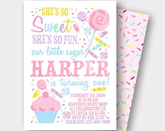 DIGITAL FILE Candy Birthday Invitation | Sweet Celebration | Candy Shop Invitation | First Birthday | Lollipop Invitation |