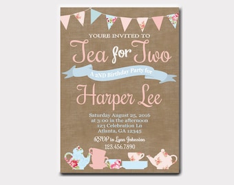 Shabby Chic Tea for Two Invitation for Birthdays or Baby Shower | Tea Party
