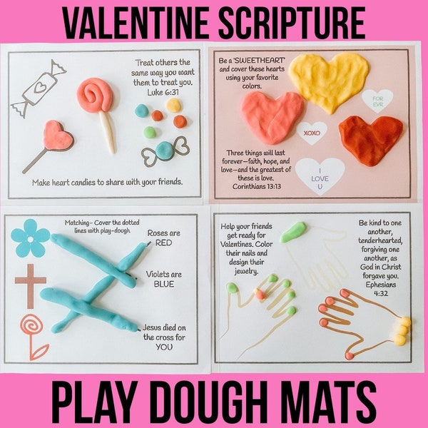 Valentine Play Dough Mats, Bible Playdoh Mats, Bible Scripture Play-dough Mats, Valentine's craft, Valentine Activity, Religious Valentine