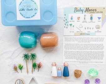 Baby Moses Playdough Sensory Kit, Bible Story Peg Dolls