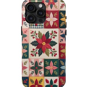 Vintage Folk Christmas Poinsettia Phone Case | Embroidered Patchwork Floral (iPhone, Samsung)