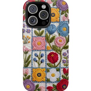 Floral Embroidery Phone Case | Faux Cottage Garden Patchwork Needlework, iPhone and Samsung Compatible