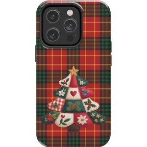Faux Quilted Patchwork Christmas Tree Tartan Phone Case | Rustic Holiday Cover