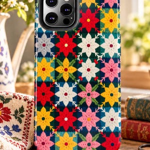 Swedish Folk Flower Phone Case |  Crewel Embroidery Starburst Floral, Colorful Patchwork Case for iPhone and Samsung