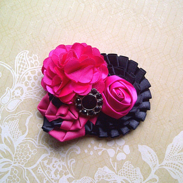 Hot Pink and Black Flower Headband,Baby Girls Birthday Hair Bow Clip,Newborn Photo Prop
