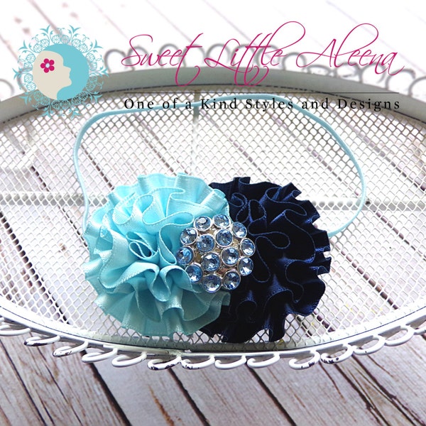 Aqua Navy Blue Headband, Flower girl headband, Satin Baby Headbands, Toddler Hair Clip, Newborn Photo Headband, Hair Bow Accessories, Infant