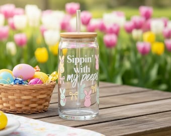 Sippin' With My Peeps Glass Can | Easter Iced Coffee Cup with Bamboo Lid
