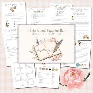 Op de afbeelding: Een bundel afdrukbare Boho-dagboekpagina's. De pagina's bevatten prompts voor huisprojecten, schoonmaakchecklists, verhalen vertellen en affirmaties. De centrale pagina toont een open boek met bloemenillustraties en de tekst "Pretty Press & Pages."
