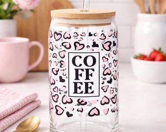 Heart Coffee Glass Can Cup | 20oz Bamboo Lid & Straw