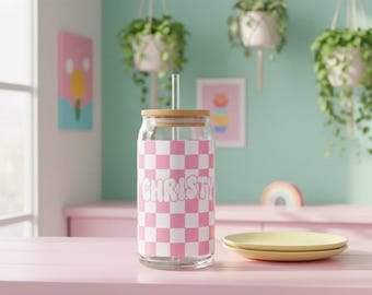 Personalized Glass Cup | Pink Checkered Vinyl, Bamboo Lid & Straw