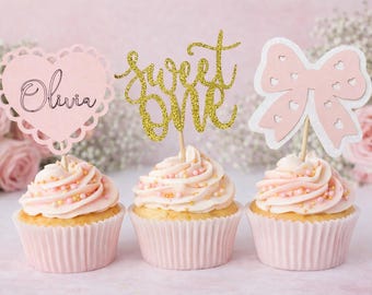 Sweet One Birthday Cupcake Toppers | Personalized Name Heart, Pink Bow Picks