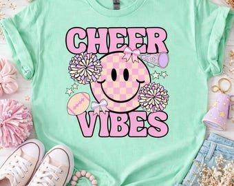 Cheer Vibes Graphic Tee | Pink Smiley Face, Pom-Poms |