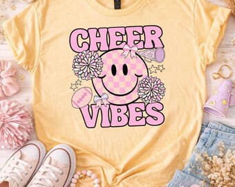 Cheer Vibes Graphic Tee | Pink Smiley Face, Pom-Poms