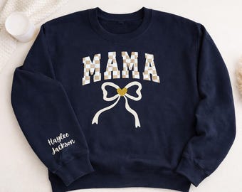 Personalized Mama Sweatshirt | Puff Vinyl Checkered Print, Custom Sleeve Names