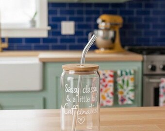 Sassy Caffeinated Glass Iced Coffee Cup, Bamboo Lid & Straw