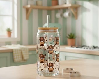 Highland Cow Glass Cup | 20oz Tumbler with Bamboo Lid & Straw