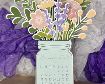 2026 Floral Desk Calendar | Die-Cut Mason Jar, Office Decor