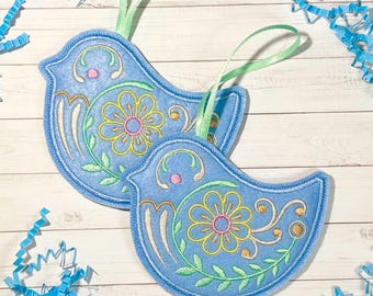 Embroidered Felt Blue Bird Ornament, Spring Floral Decoration