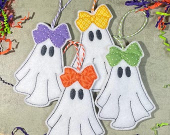 Embroidered Felt Ghost Halloween Ornament with Bow, Handmade Decorations