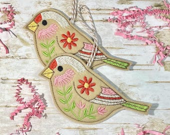 Handmade Summer Decoration, Bird with Embroidered Flowers Ornament, Felt Bird Ornament, Spring Ornaments, Embroidered Bird Decoration